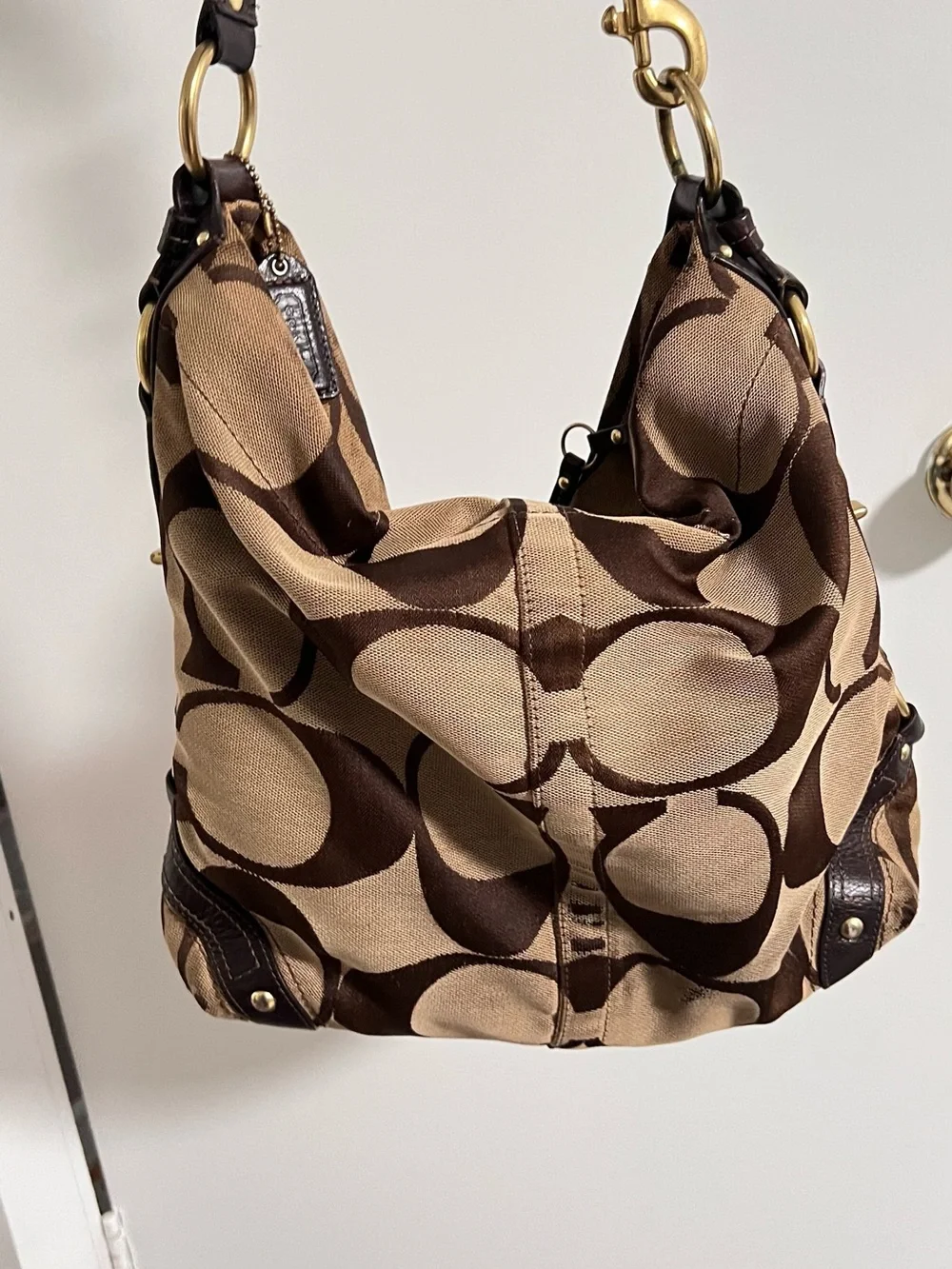 Coach Brown Signature Canvas Hobo Shoulder Bag with Dark Brown Trim